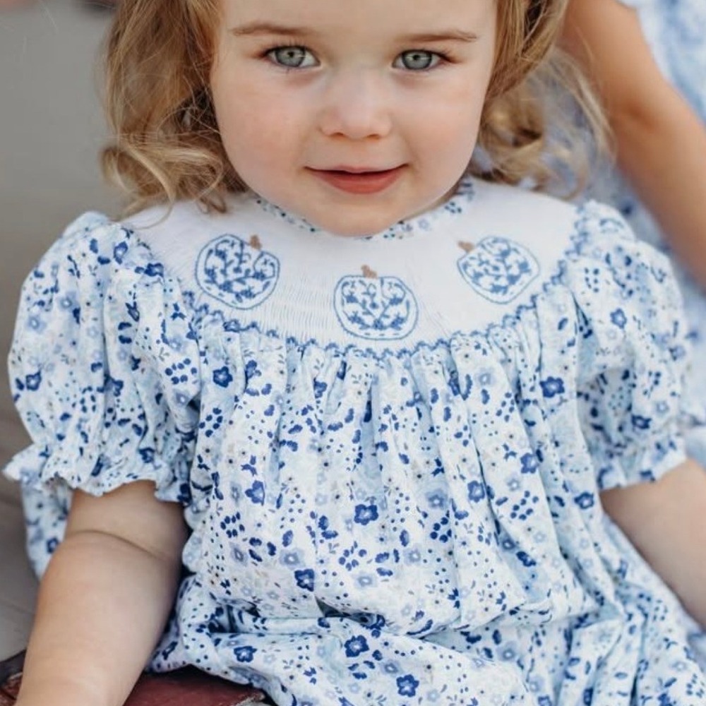 Kate + Gray Girl's Blue Smocked Pumpkin Floral Bubble Romper 3T‎ Cotton